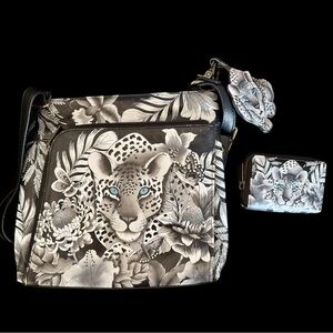 Anuschka Cleopatra’s Leopard All Leather Hand Painted Handbag With New Wallet
